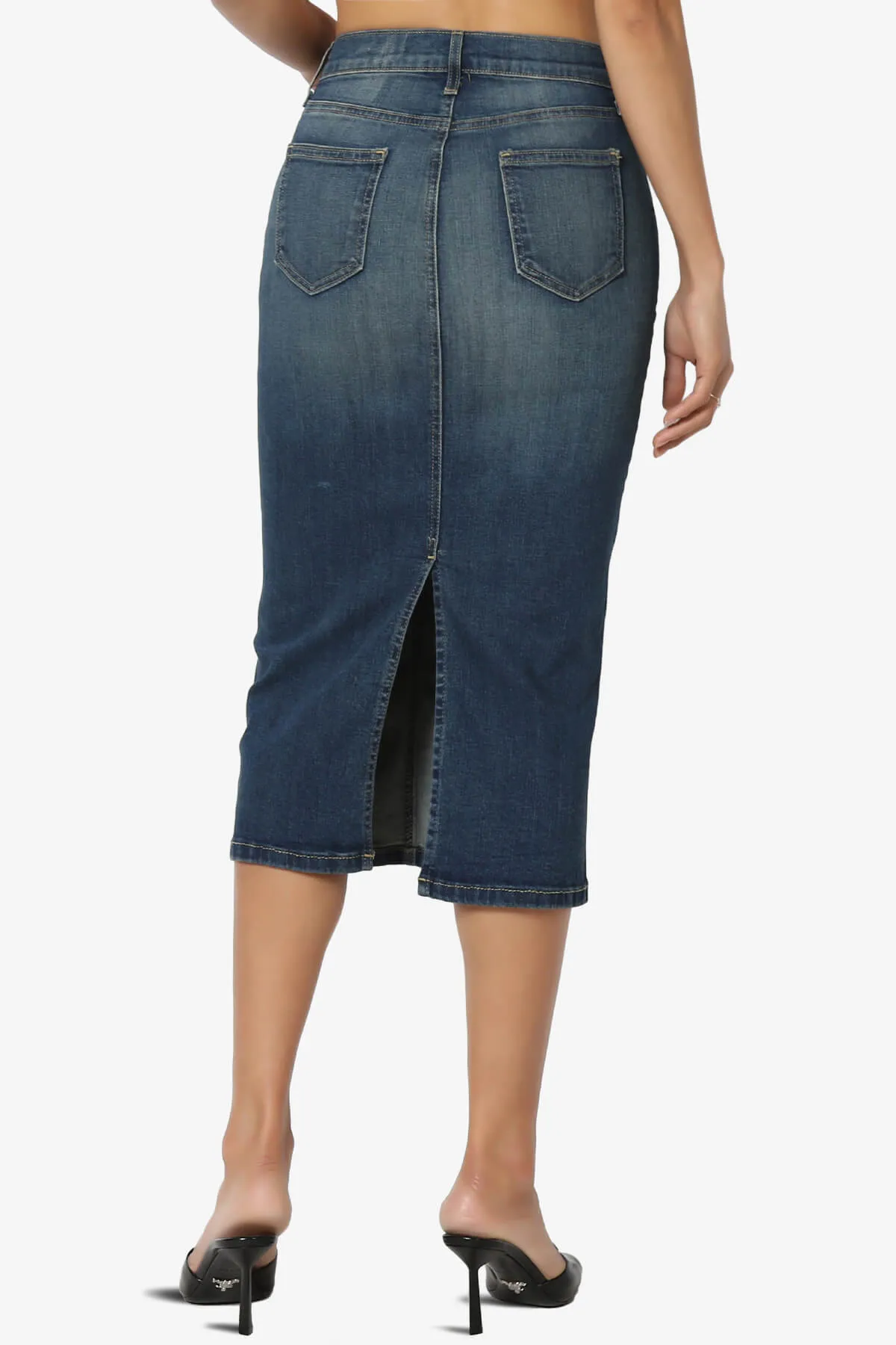 Celvin Washed Denim Pencil Midi Skirt