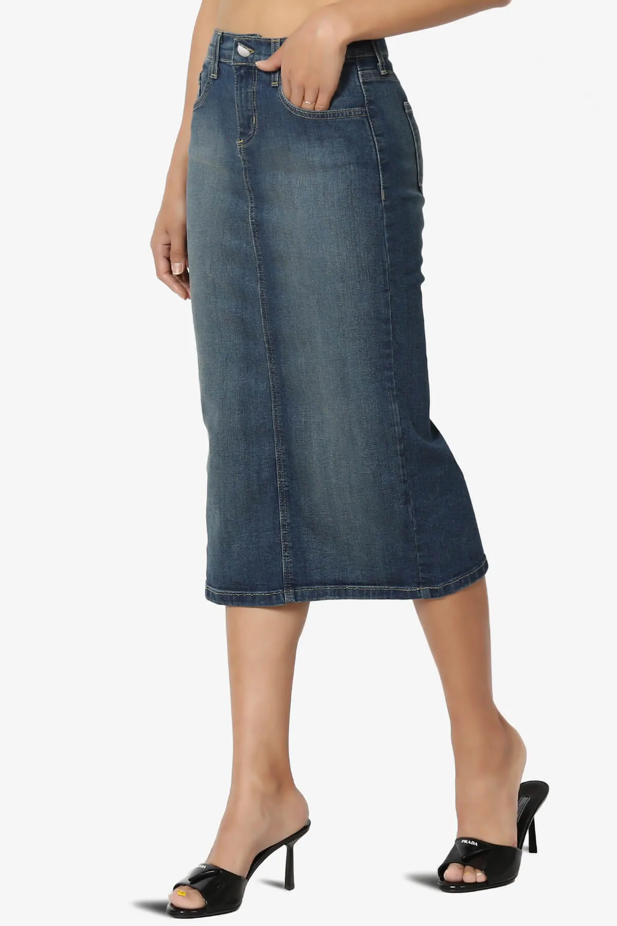Celvin Washed Denim Pencil Midi Skirt