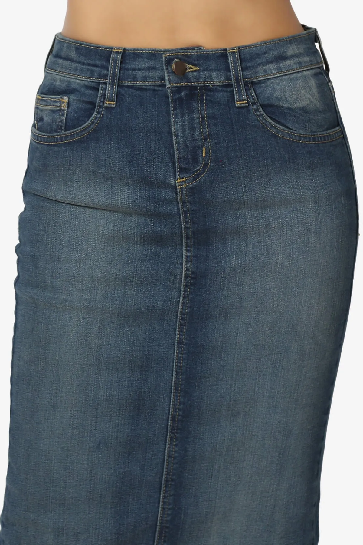 Celvin Washed Denim Pencil Midi Skirt