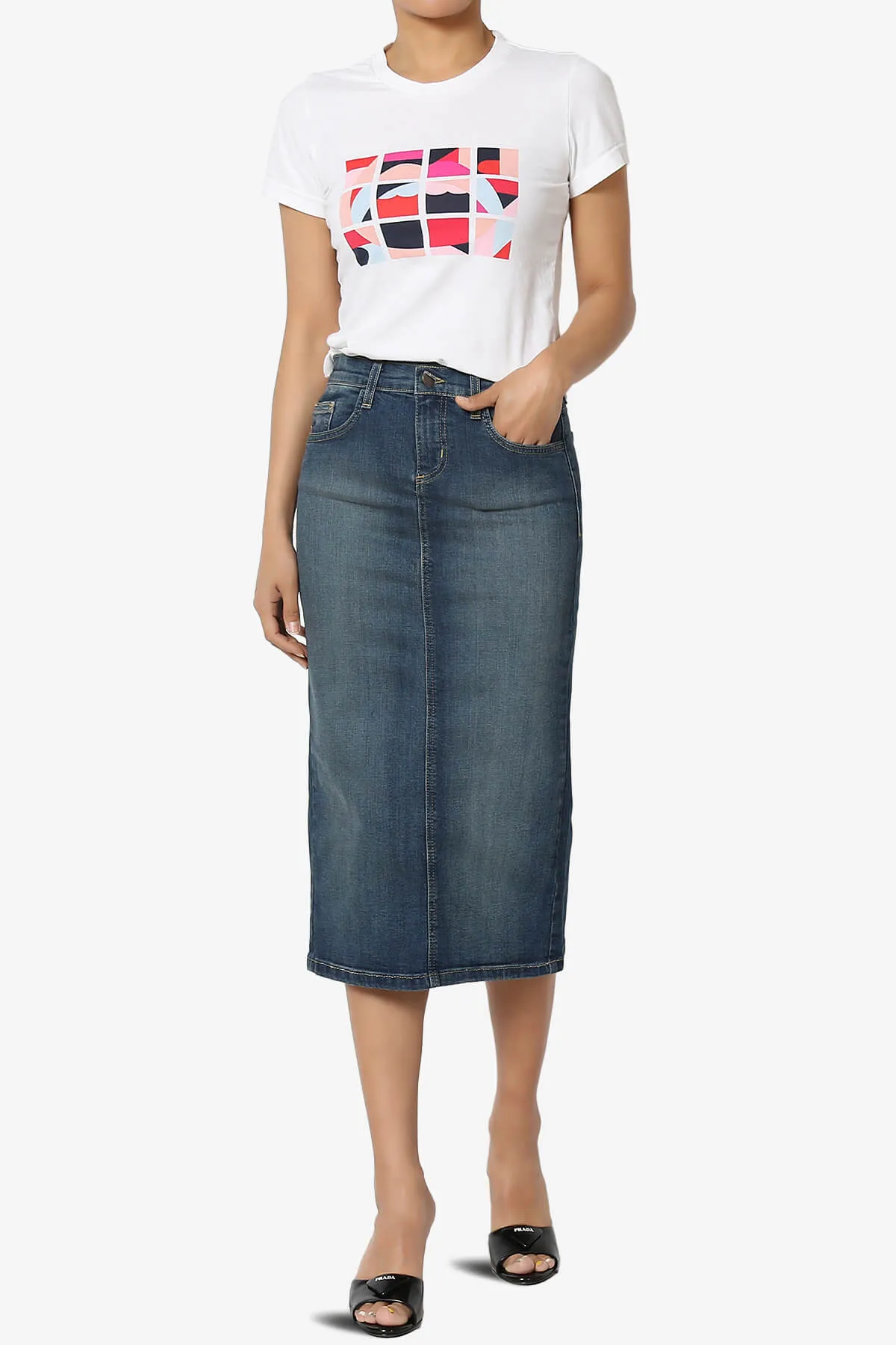 Celvin Washed Denim Pencil Midi Skirt