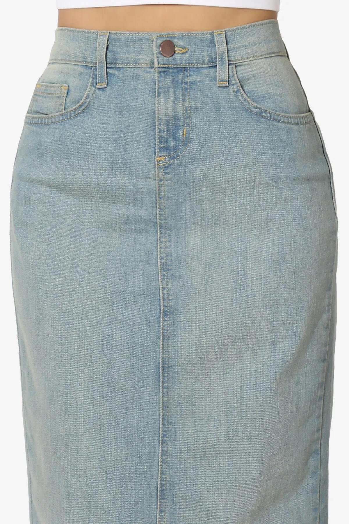 Celvin Washed Denim Pencil Midi Skirt