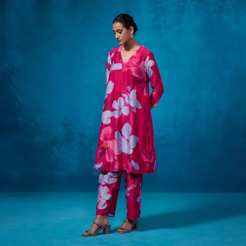 Chanderi Kurta Set For Women | Floral Printed | Deep Pink