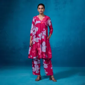 Chanderi Kurta Set For Women | Floral Printed | Deep Pink