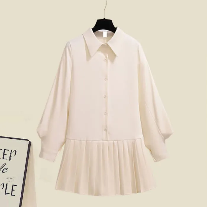 Chic Knit Vest Lapel Tie Pleated Shirt Dress Set
