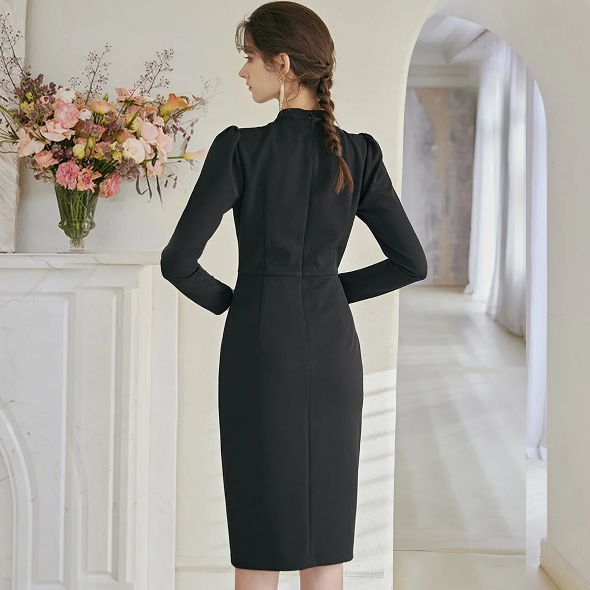 Classic Black Bodycon Dress with Golden Buttons