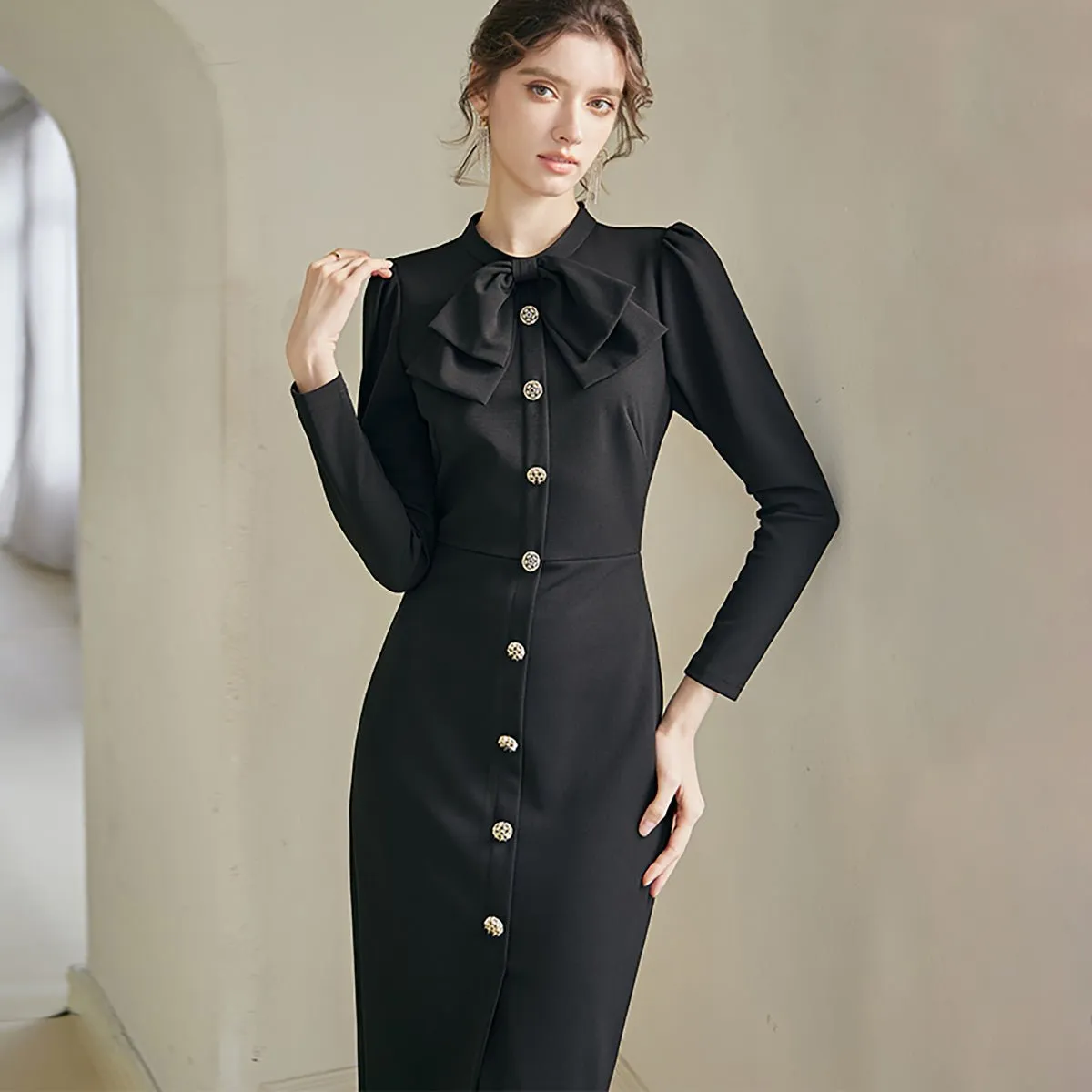 Classic Black Bodycon Dress with Golden Buttons