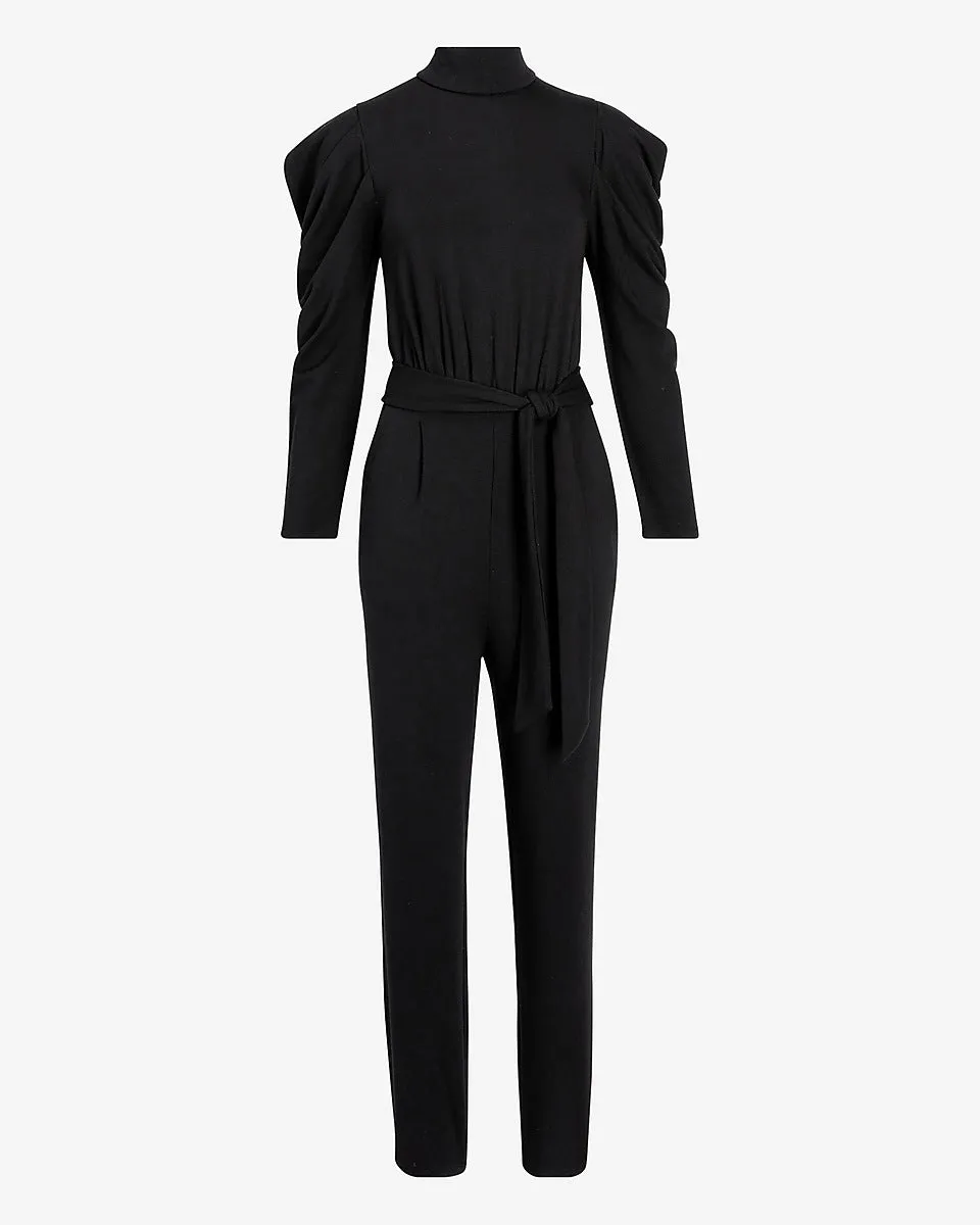 Cozy Belted Puff Sleeve Jumpsuit in Pitch Black