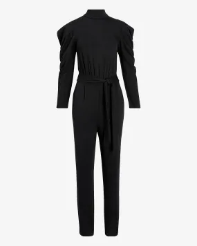 Cozy Belted Puff Sleeve Jumpsuit in Pitch Black