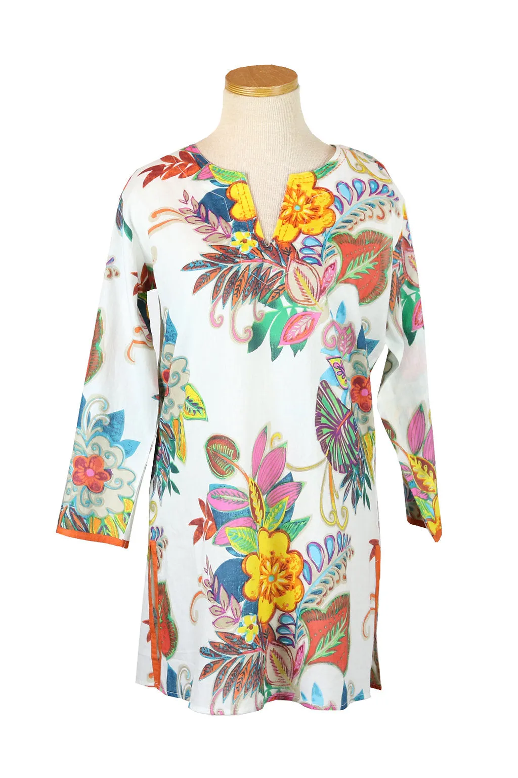 Cream Multi Fiji KikiSol Tunic with Orange Neck Embroidery Sleeve and Side Trim