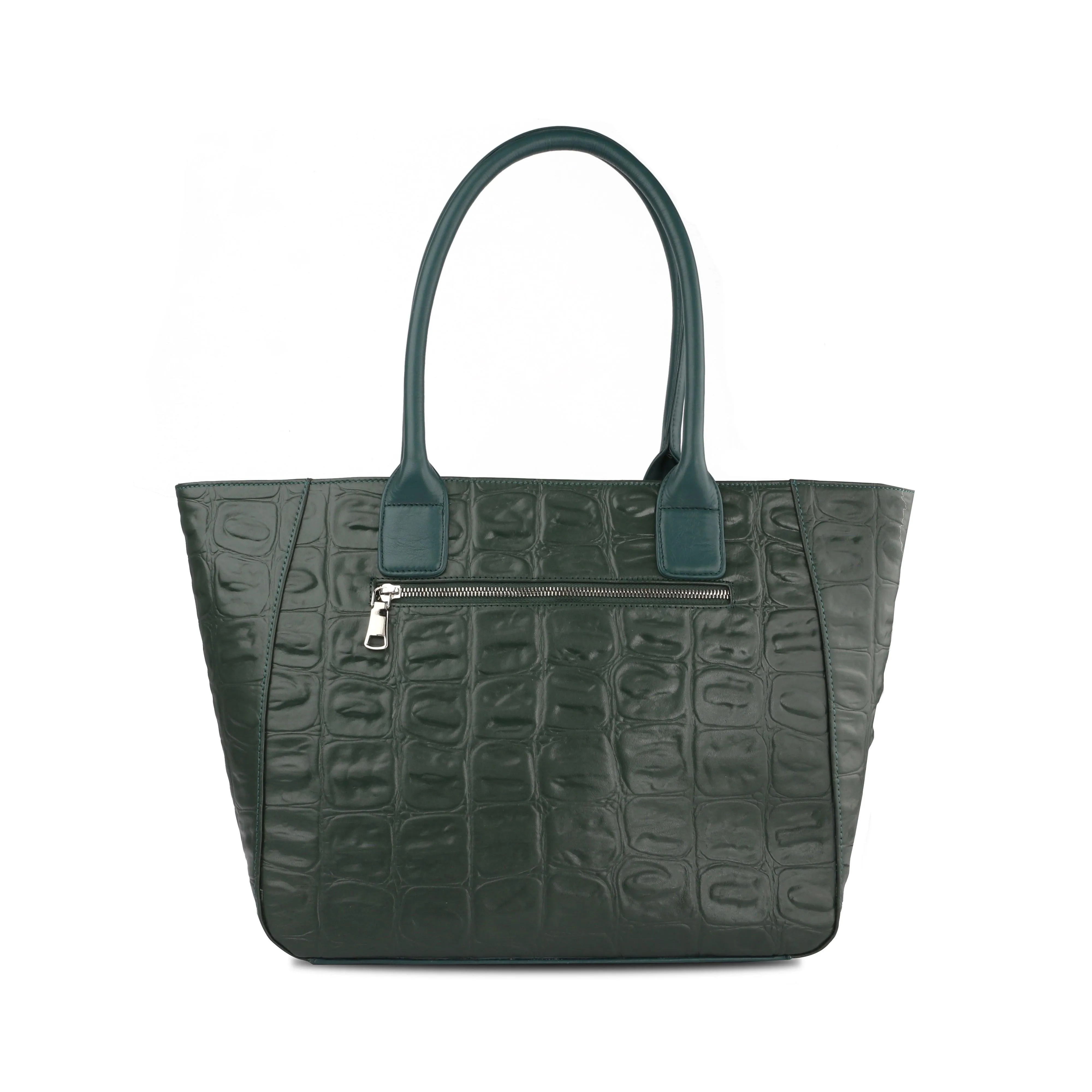 Elvis Tote | Leather Tote Bag For Women | Croco Embossed Genuine Leather | Color: Brown, Black & Green