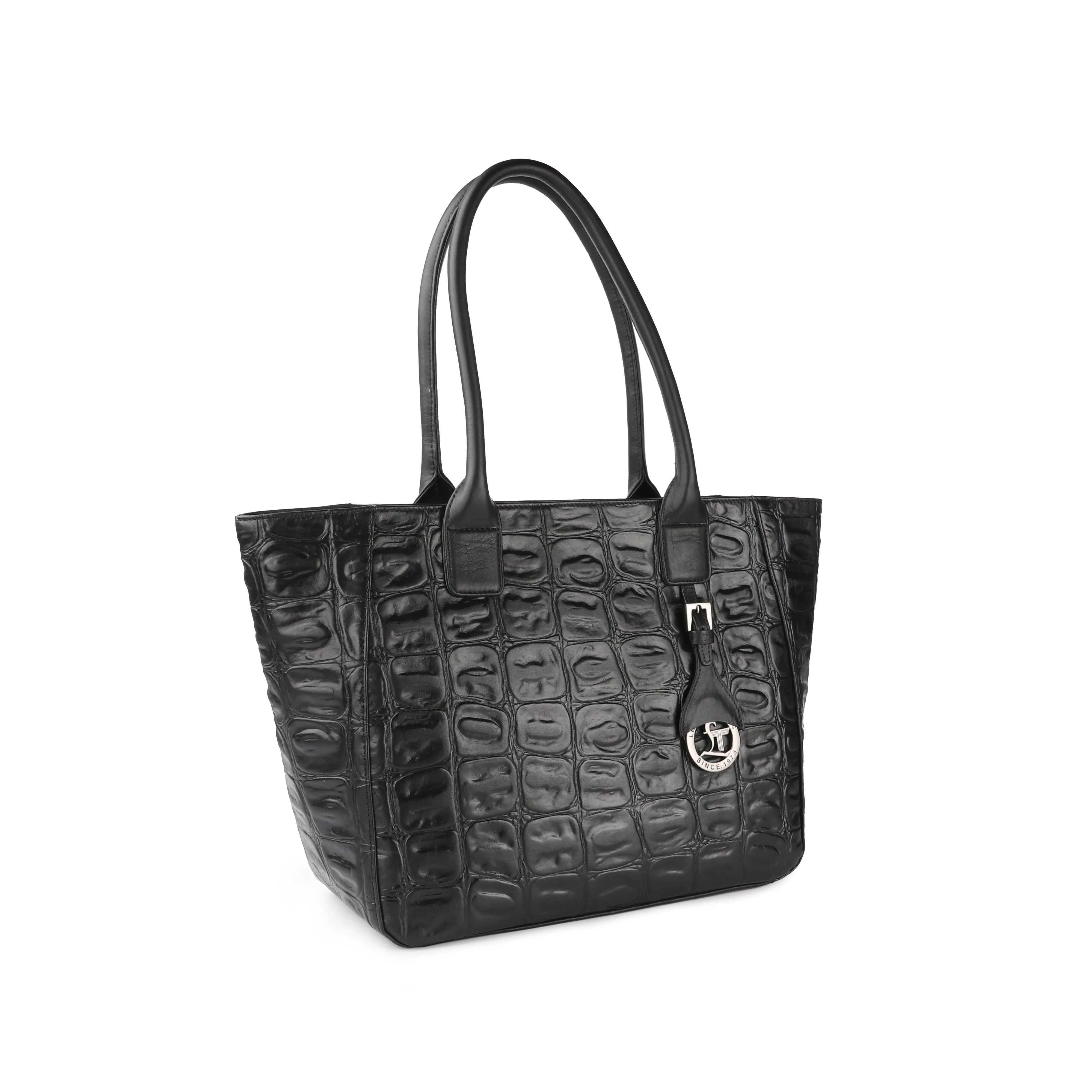 Elvis Tote | Leather Tote Bag For Women | Croco Embossed Genuine Leather | Color: Brown, Black & Green