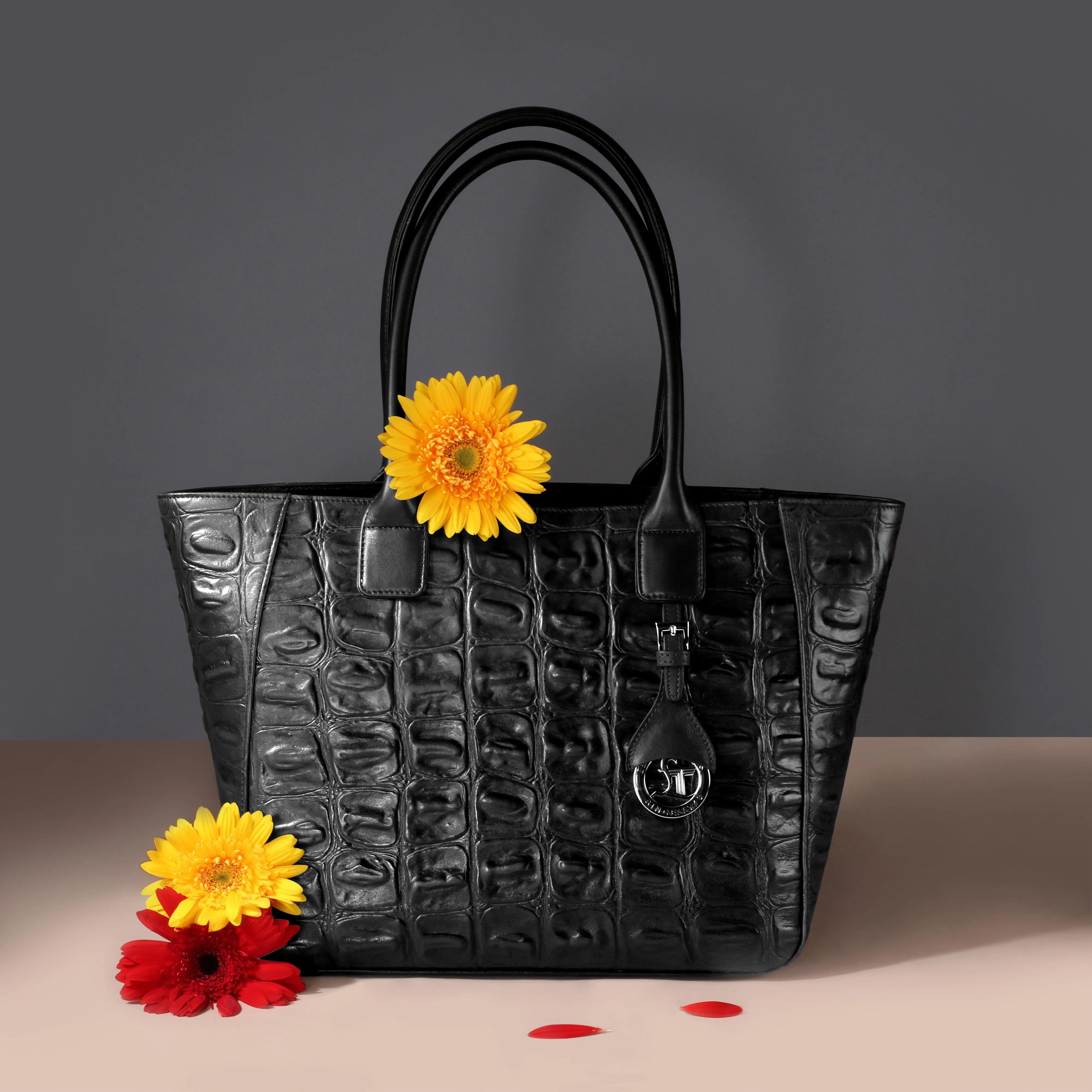 Elvis Tote | Leather Tote Bag For Women | Croco Embossed Genuine Leather | Color: Brown, Black & Green