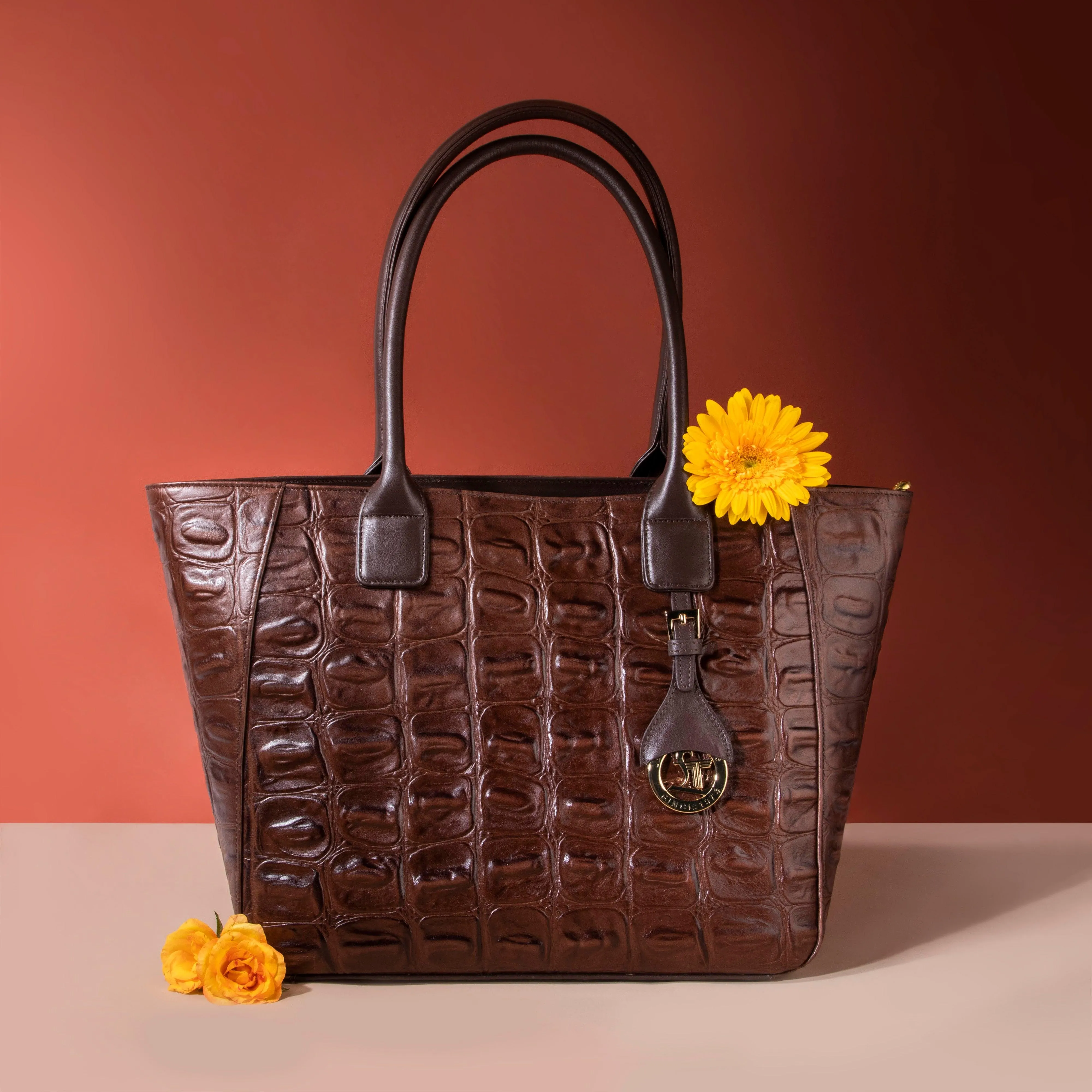 Elvis Tote | Leather Tote Bag For Women | Croco Embossed Genuine Leather | Color: Brown, Black & Green