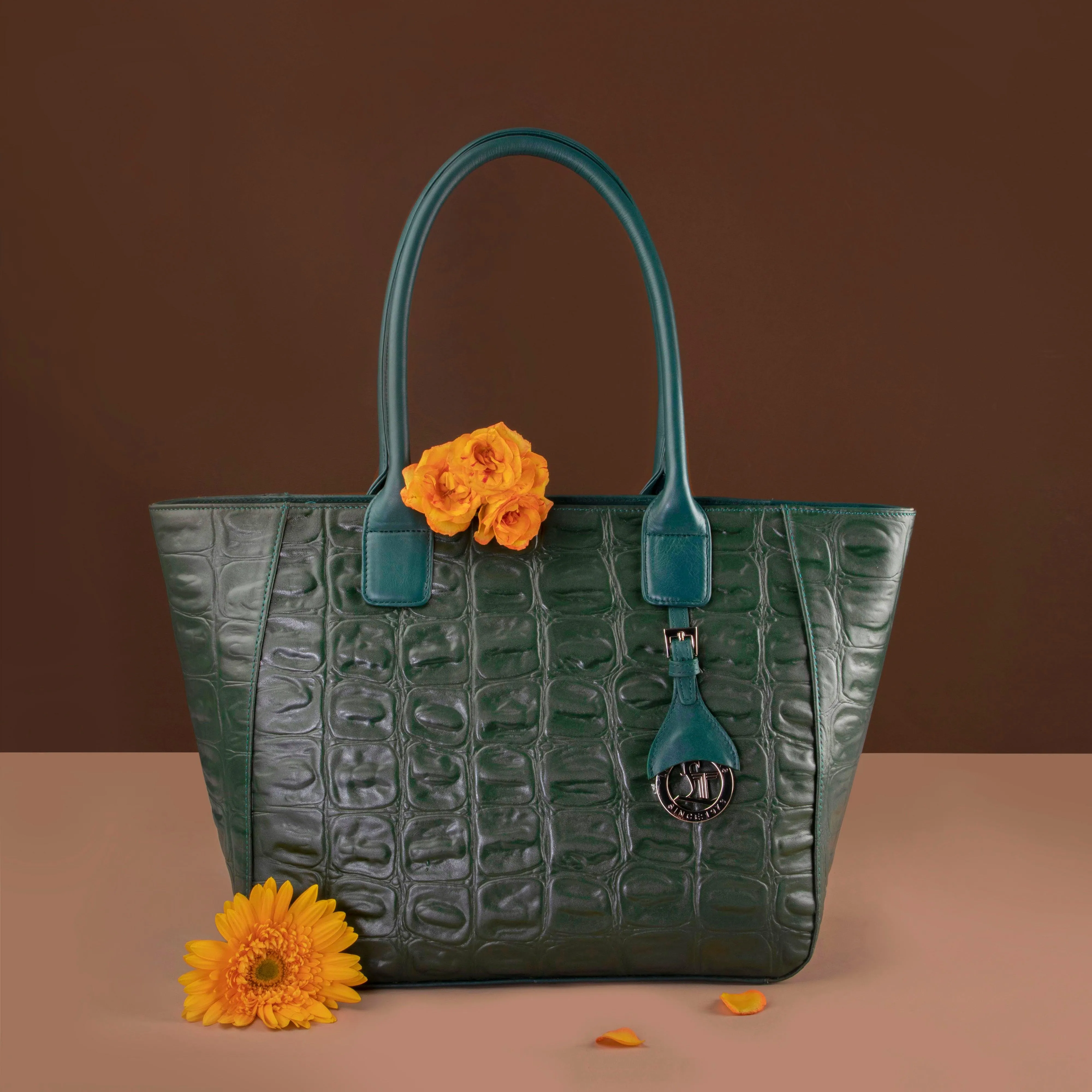 Elvis Tote | Leather Tote Bag For Women | Croco Embossed Genuine Leather | Color: Brown, Black & Green