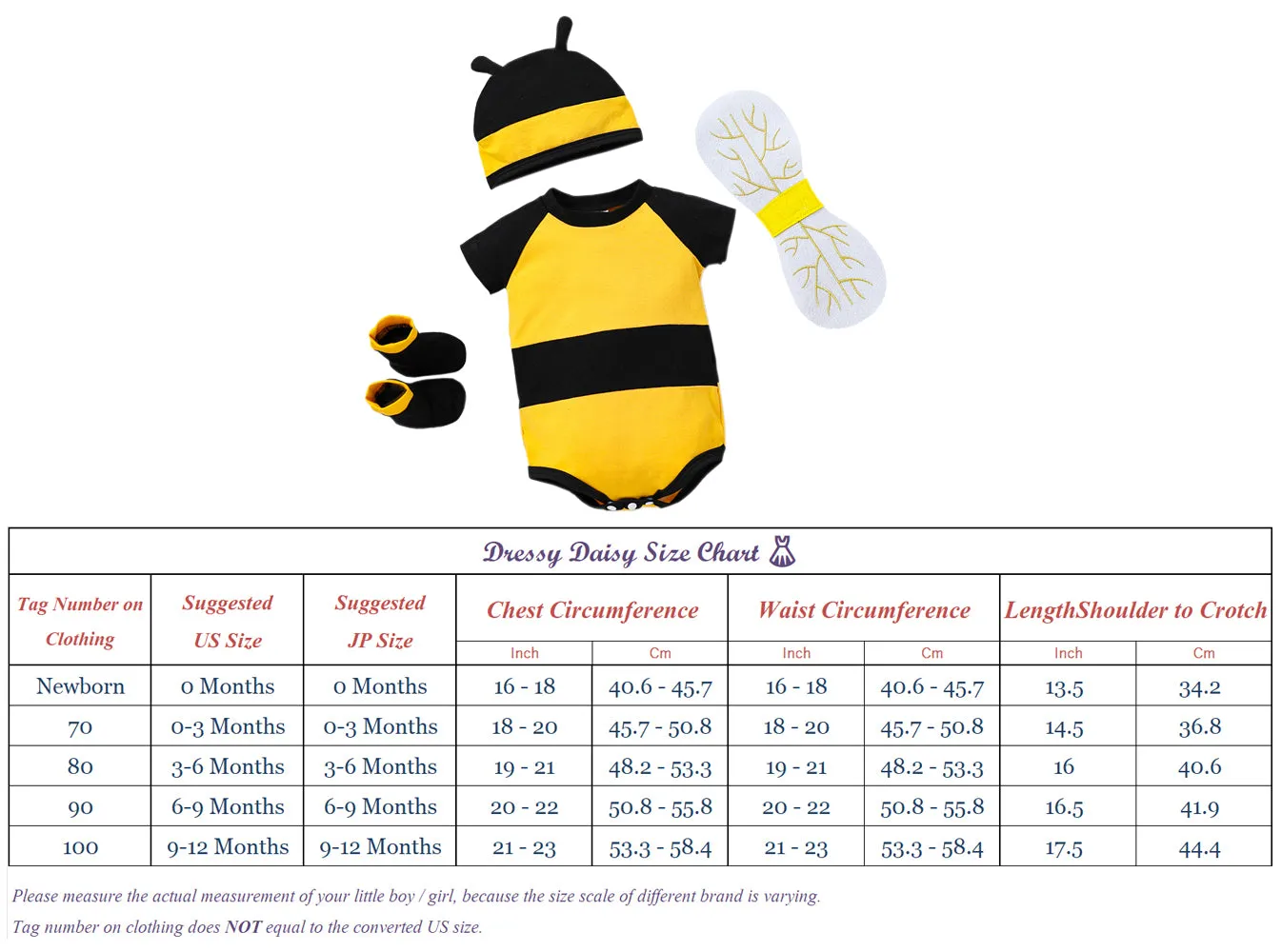 FC377 - Newborn Infant Baby Honey Bee Onesie Romper Costume Bodysuit Party Dress Up Set with Wings, Socks and Hat Size 0-12 Months