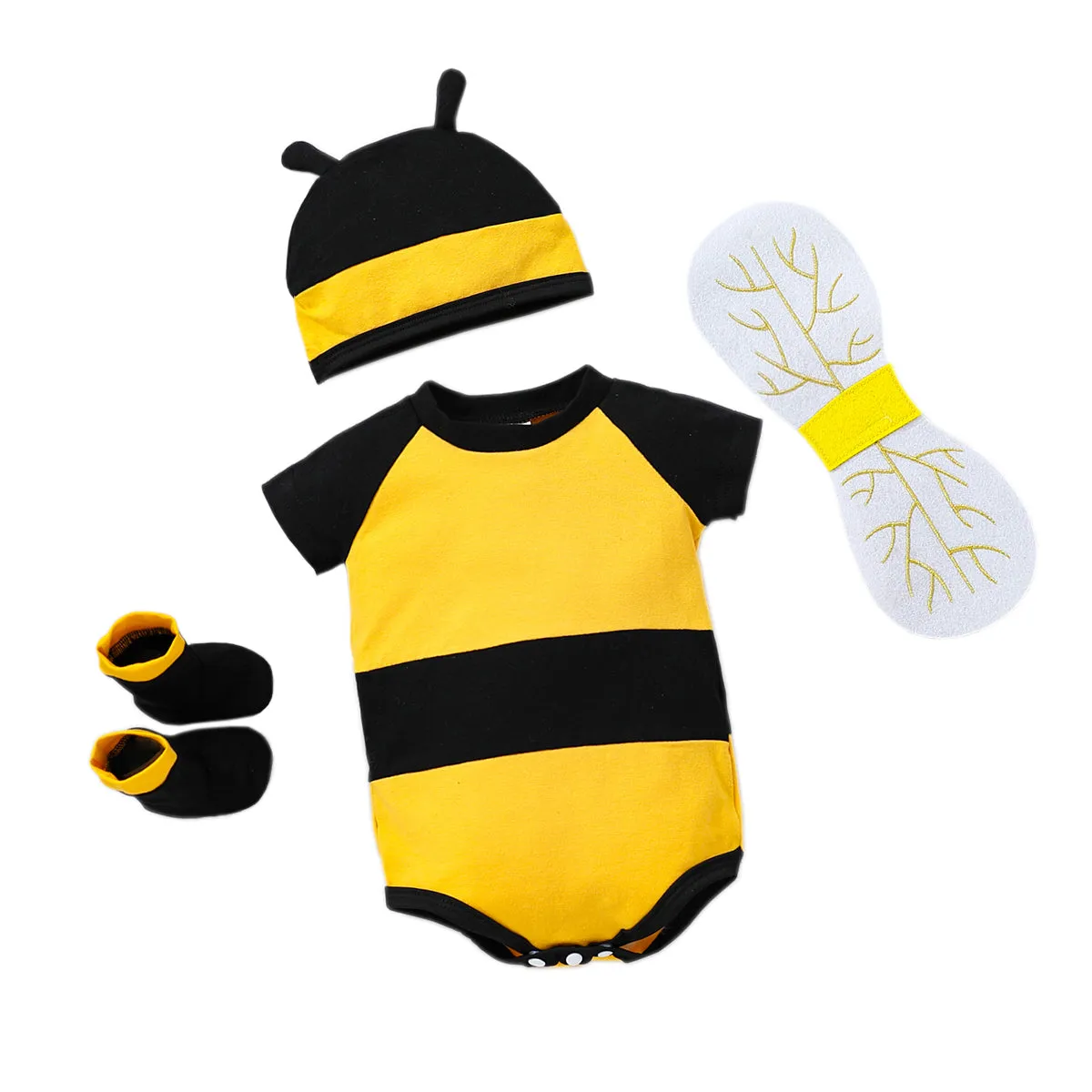 FC377 - Newborn Infant Baby Honey Bee Onesie Romper Costume Bodysuit Party Dress Up Set with Wings, Socks and Hat Size 0-12 Months