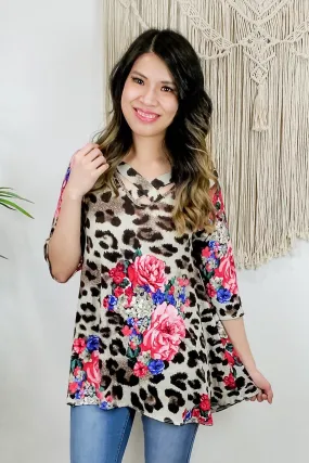 FINAL SALE -  Leopard Floral Cross Strap Tunic Top
