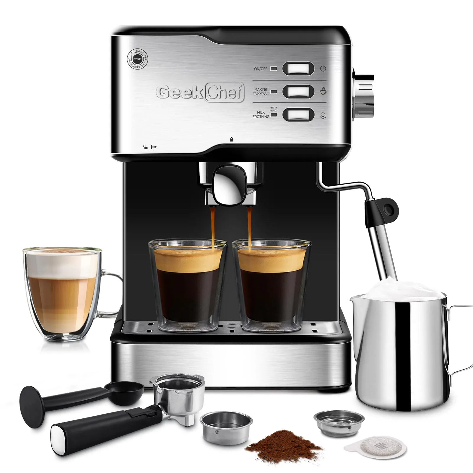 Geek Chef Espresso Machine, Espresso&Cappuccino Latte Maker 20 Bar Coffee Machine Compatible With ESE POD Capsules Filter&Milk Frother Steam Wand, 950W, 1.5L Water Tank,Ban On Amazon