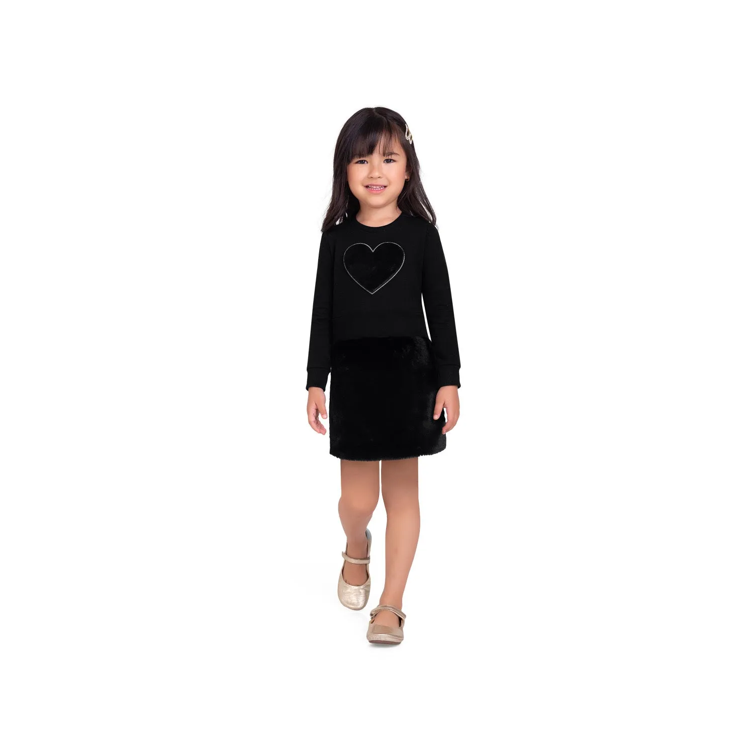 Girls L/S Faux Fur Heart Dress