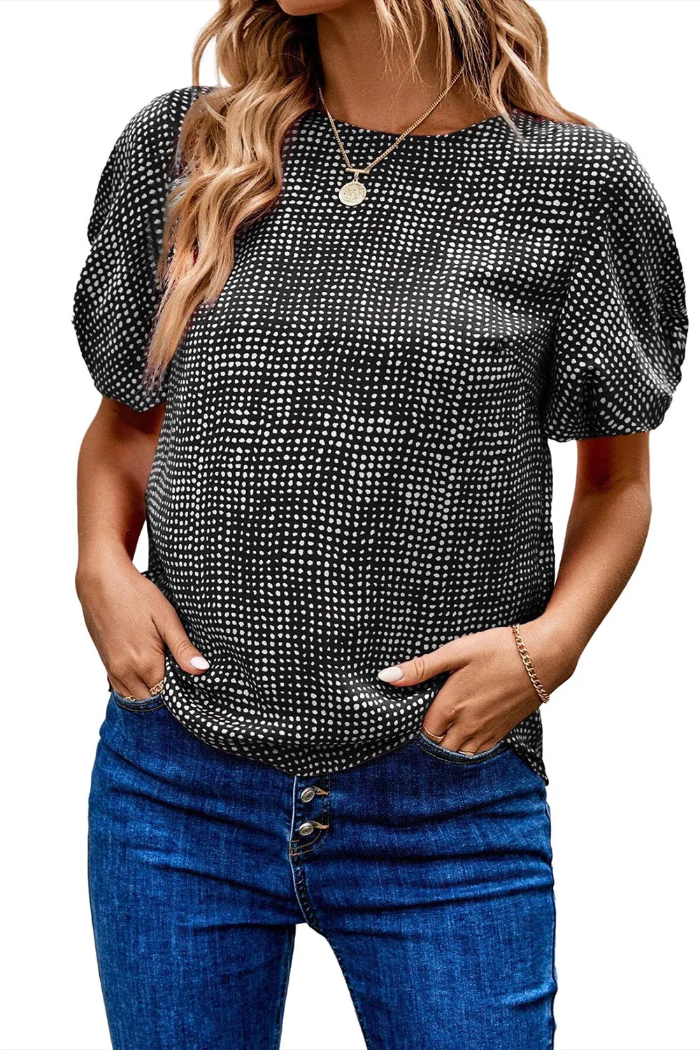 Gothic Outlaws Black Dotted Puff Sleeve Round Neck Blouse