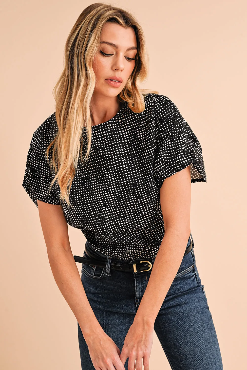 Gothic Outlaws Black Dotted Puff Sleeve Round Neck Blouse