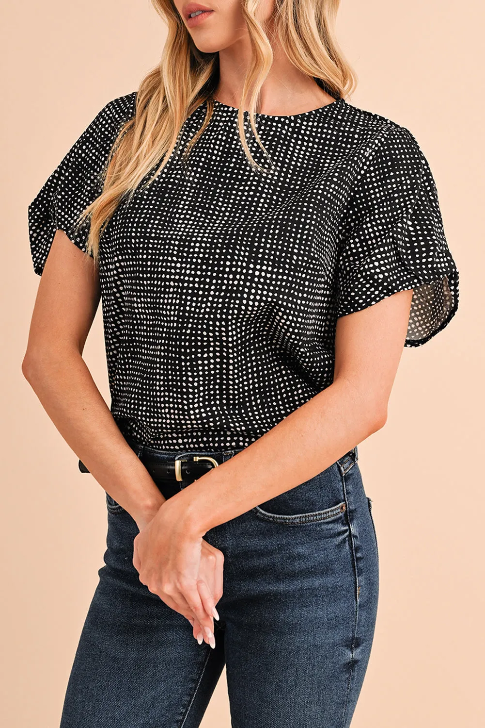 Gothic Outlaws Black Dotted Puff Sleeve Round Neck Blouse