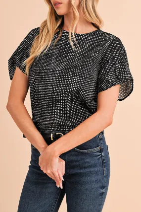 Gothic Outlaws Black Dotted Puff Sleeve Round Neck Blouse
