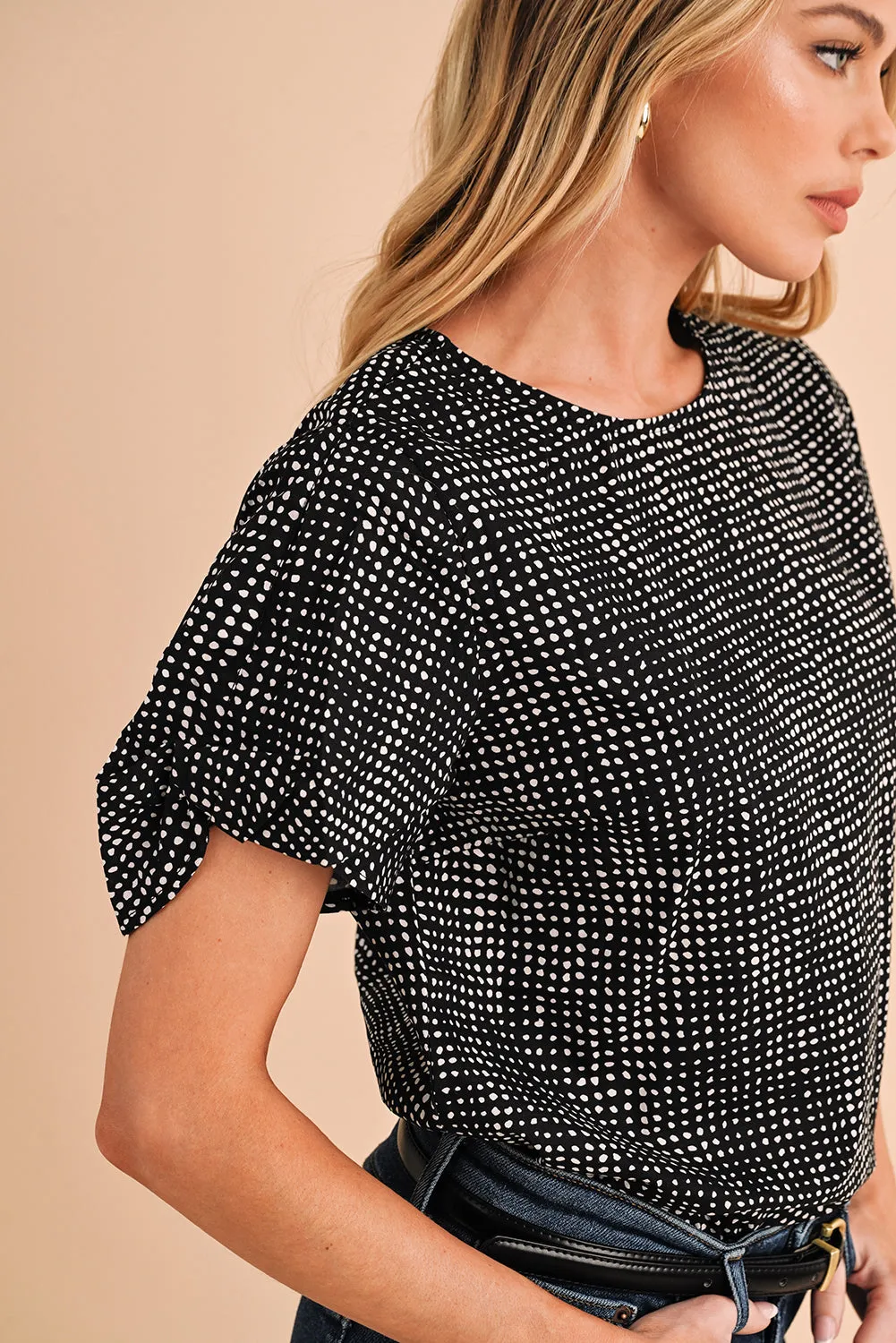 Gothic Outlaws Black Dotted Puff Sleeve Round Neck Blouse