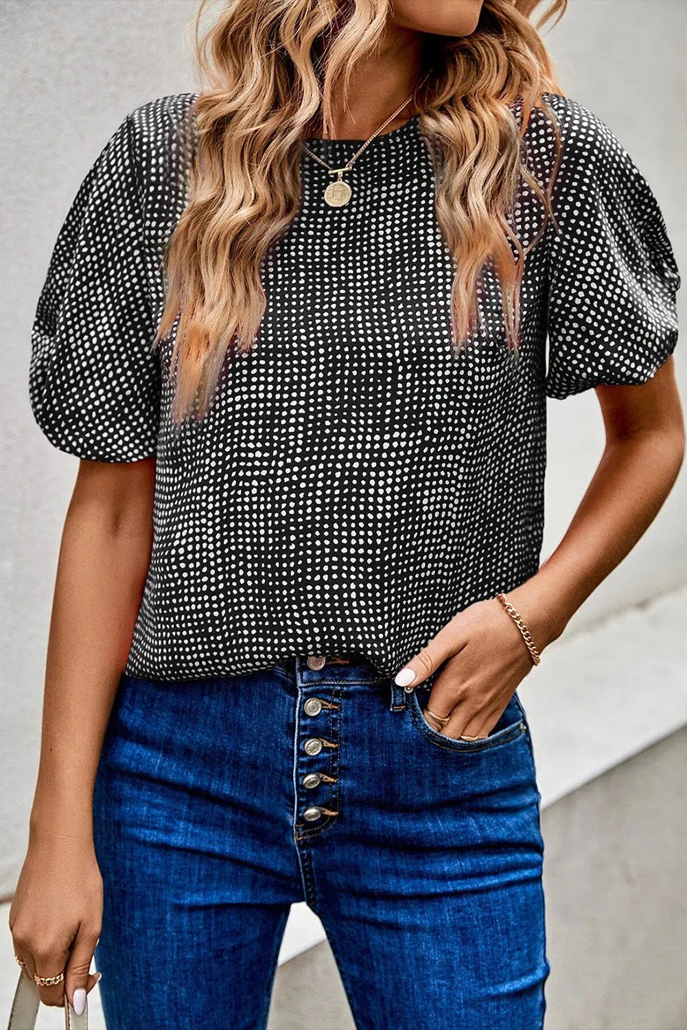 Gothic Outlaws Black Dotted Puff Sleeve Round Neck Blouse