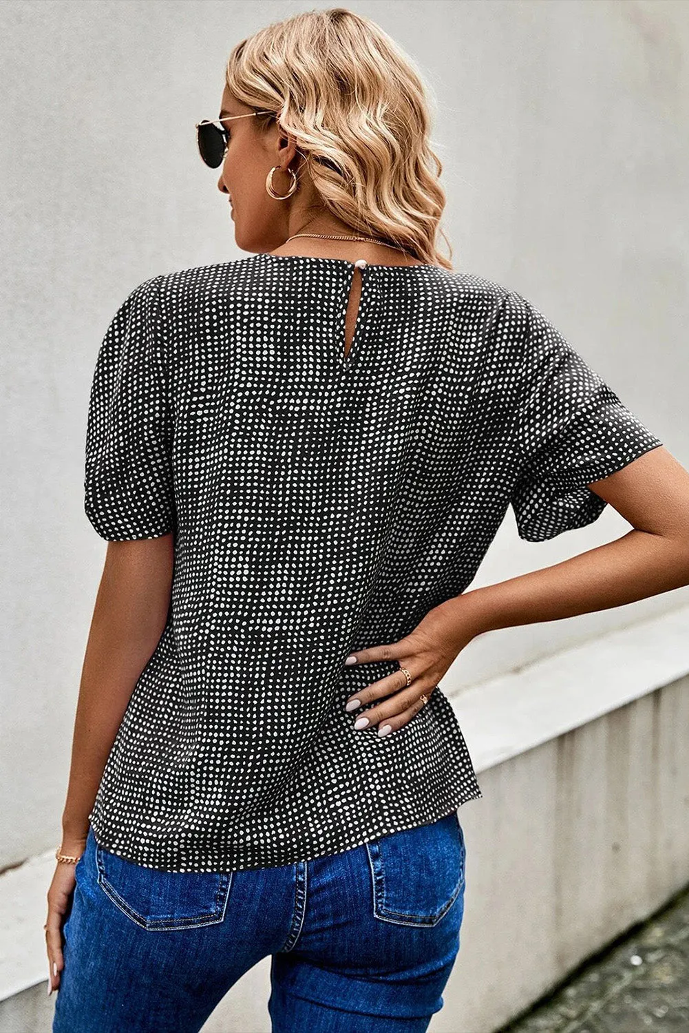 Gothic Outlaws Black Dotted Puff Sleeve Round Neck Blouse