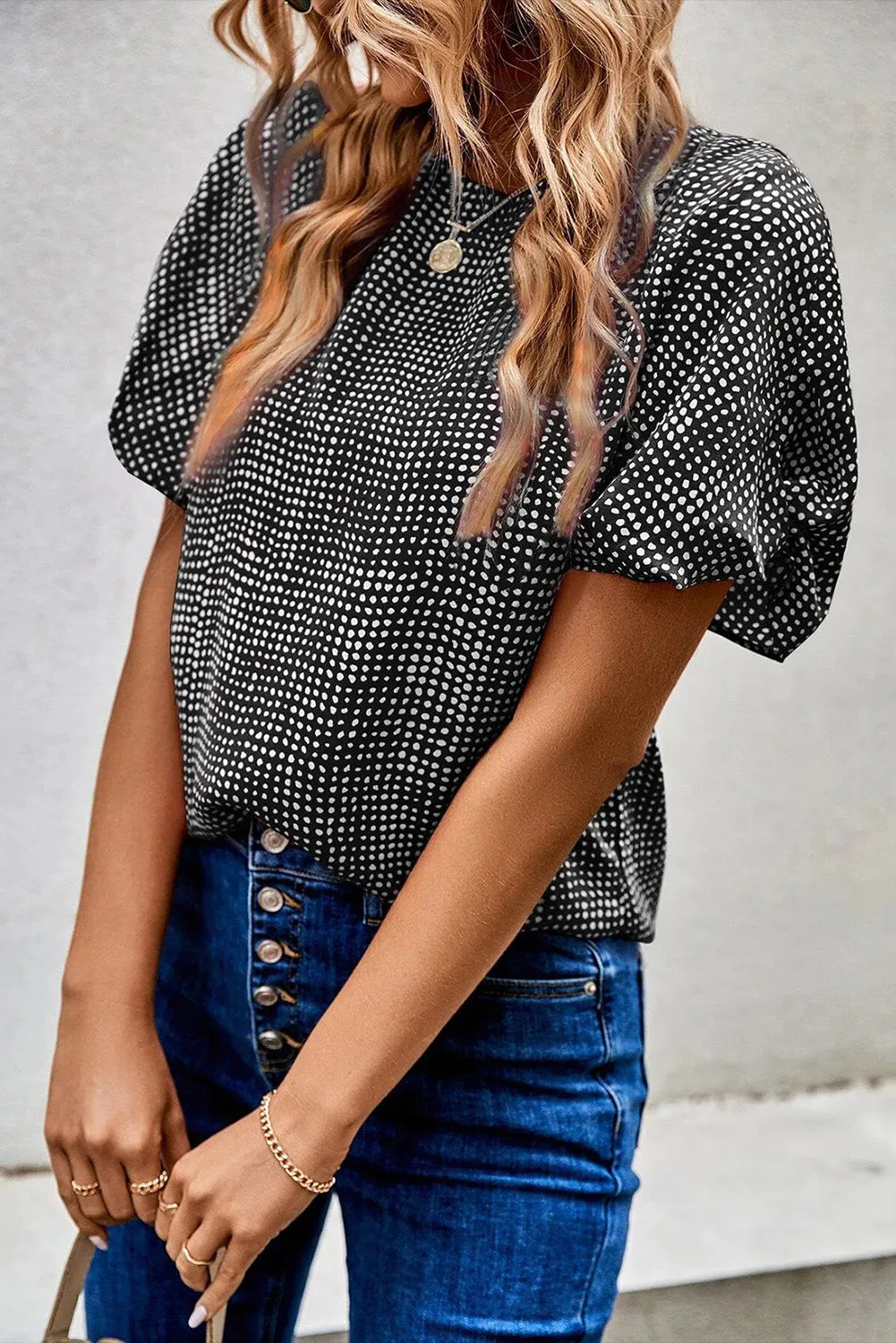 Gothic Outlaws Black Dotted Puff Sleeve Round Neck Blouse
