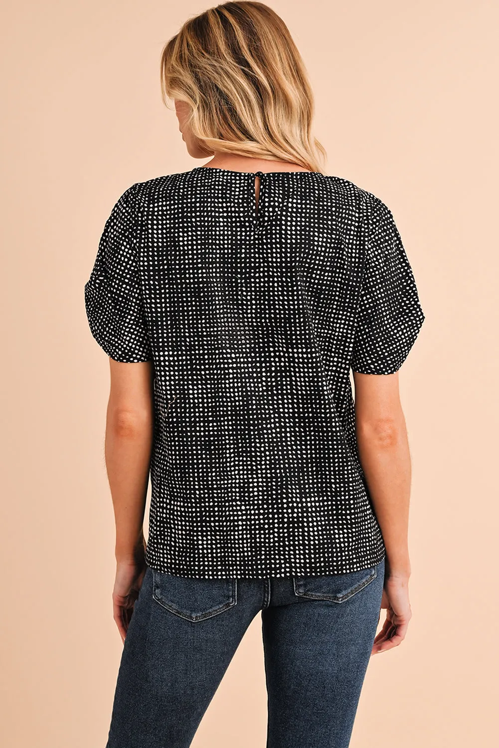 Gothic Outlaws Black Dotted Puff Sleeve Round Neck Blouse