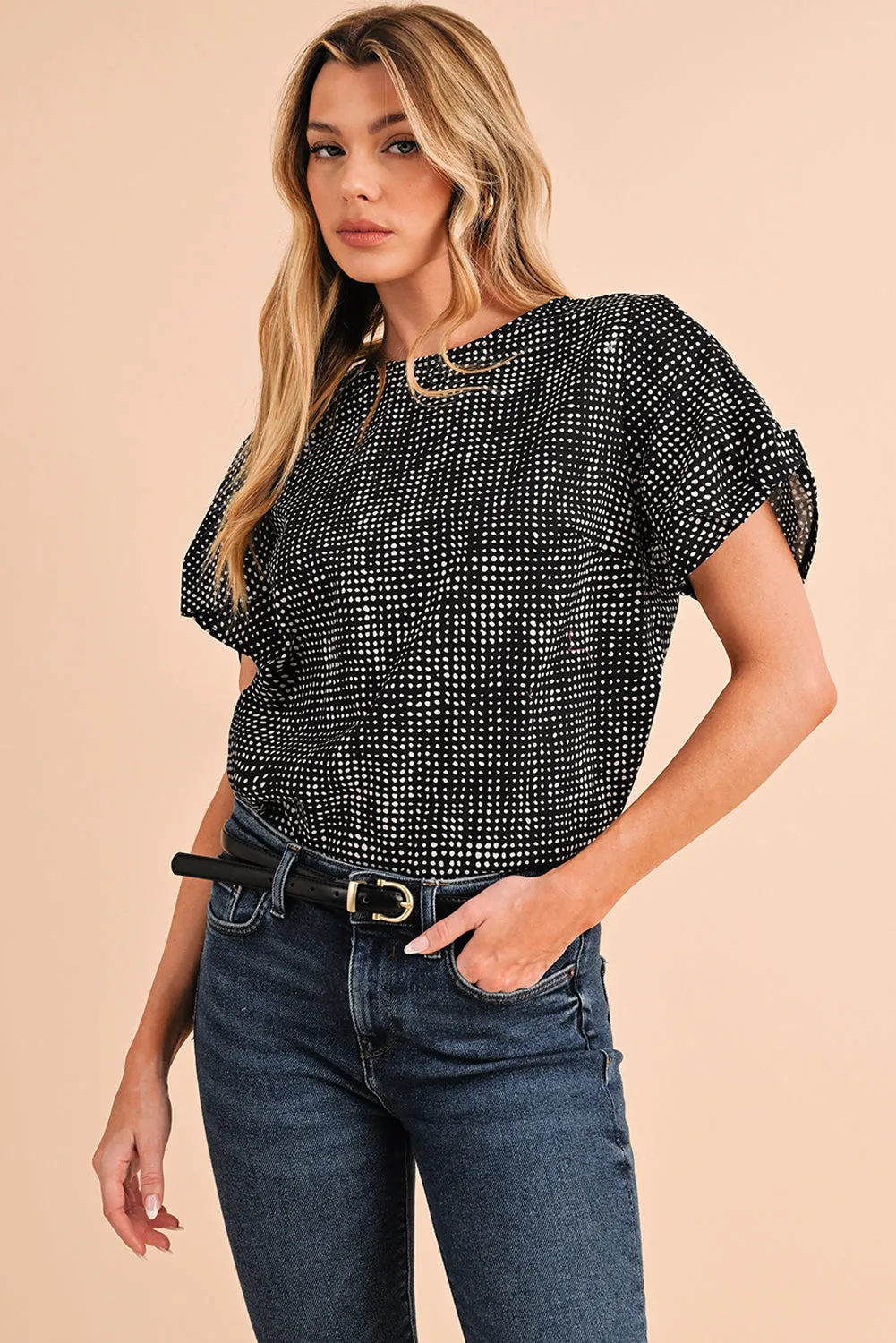 Gothic Outlaws Black Dotted Puff Sleeve Round Neck Blouse