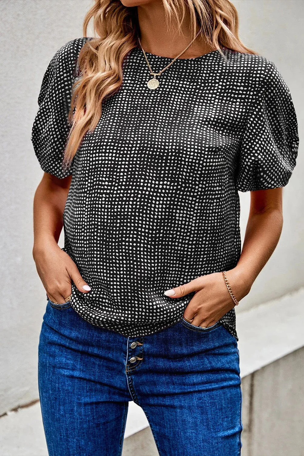 Gothic Outlaws Black Dotted Puff Sleeve Round Neck Blouse