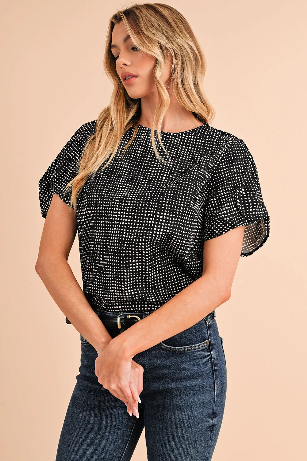 Gothic Outlaws Black Dotted Puff Sleeve Round Neck Blouse