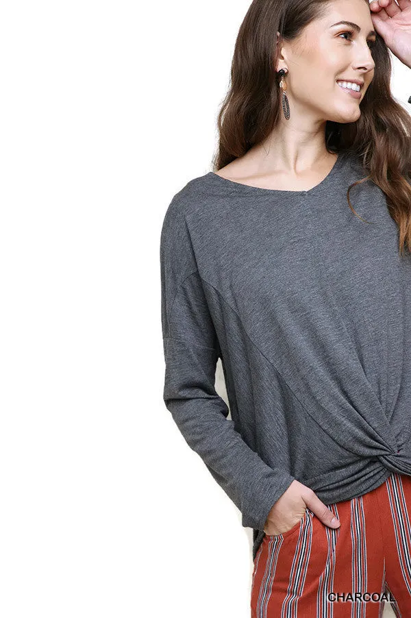 Heathered Front Knot Detail Top, Charcoal