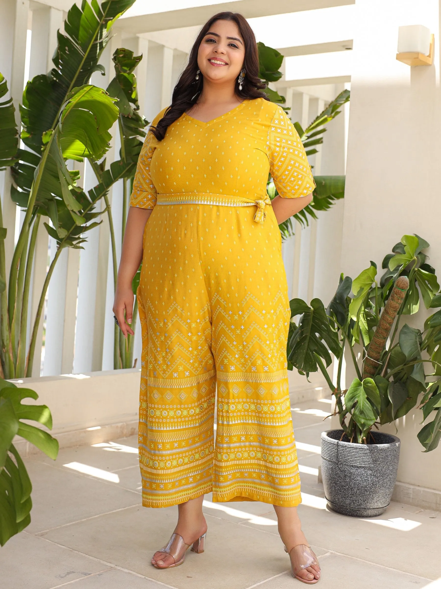 Jashvi Mustard Ethnic Motif Printed Rayon Flex Jumpsuit.