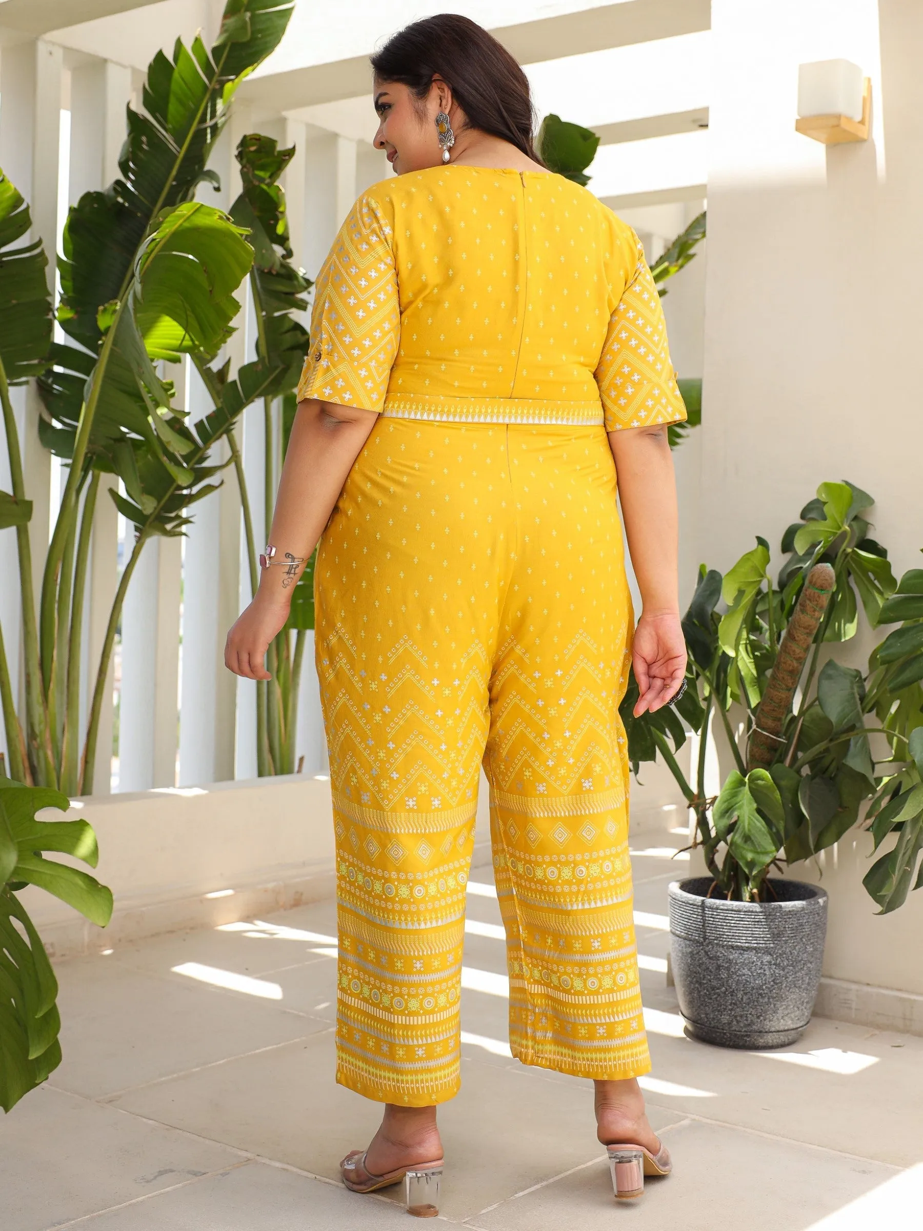 Jashvi Mustard Ethnic Motif Printed Rayon Flex Jumpsuit.