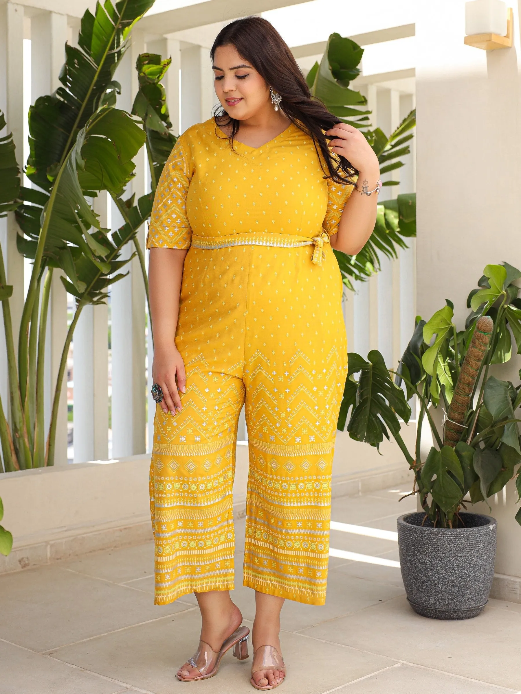 Jashvi Mustard Ethnic Motif Printed Rayon Flex Jumpsuit.