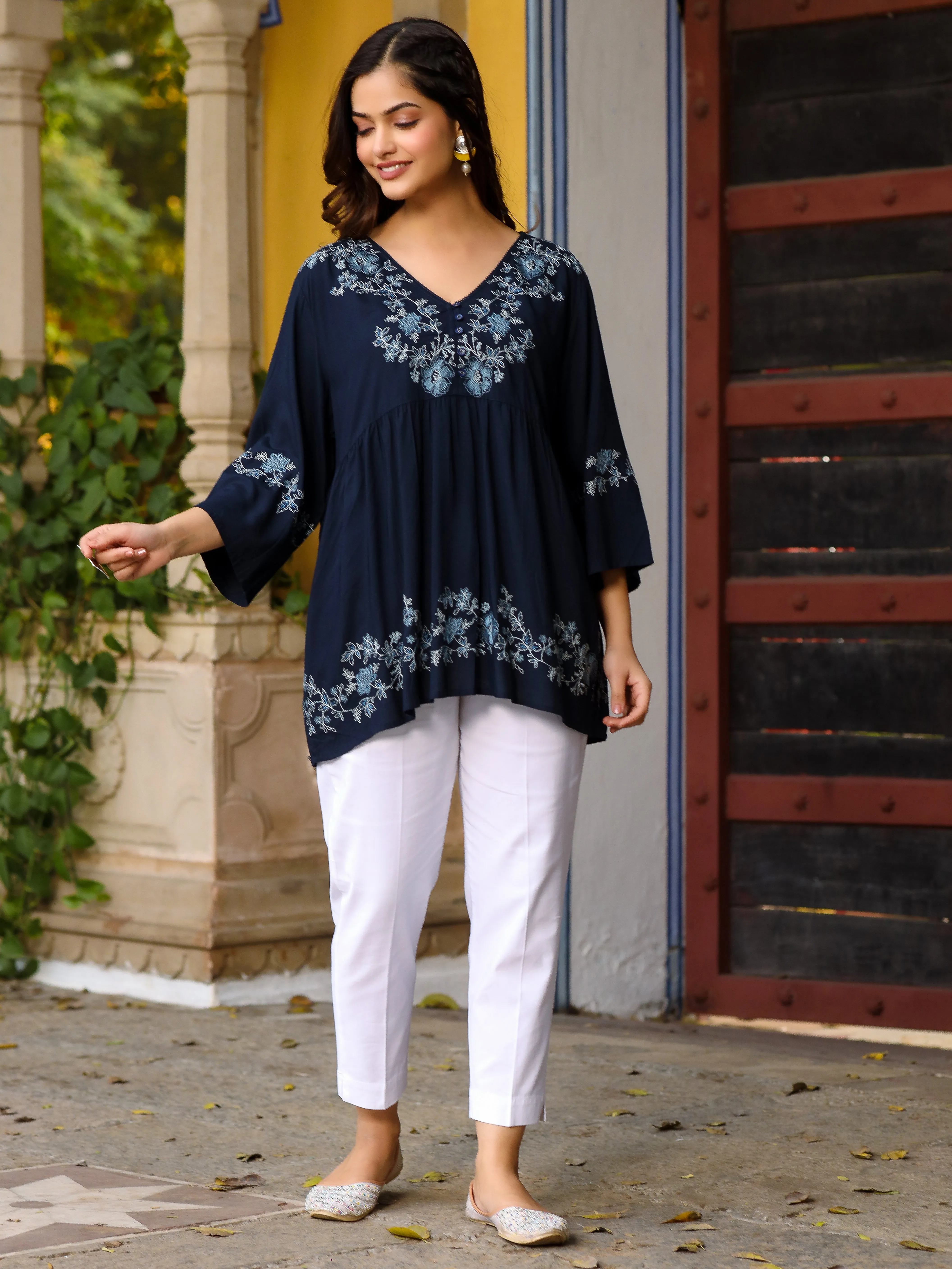 Jashvi Navy Blue Modal Rayon Alia-Cut Embroidered Tunic
