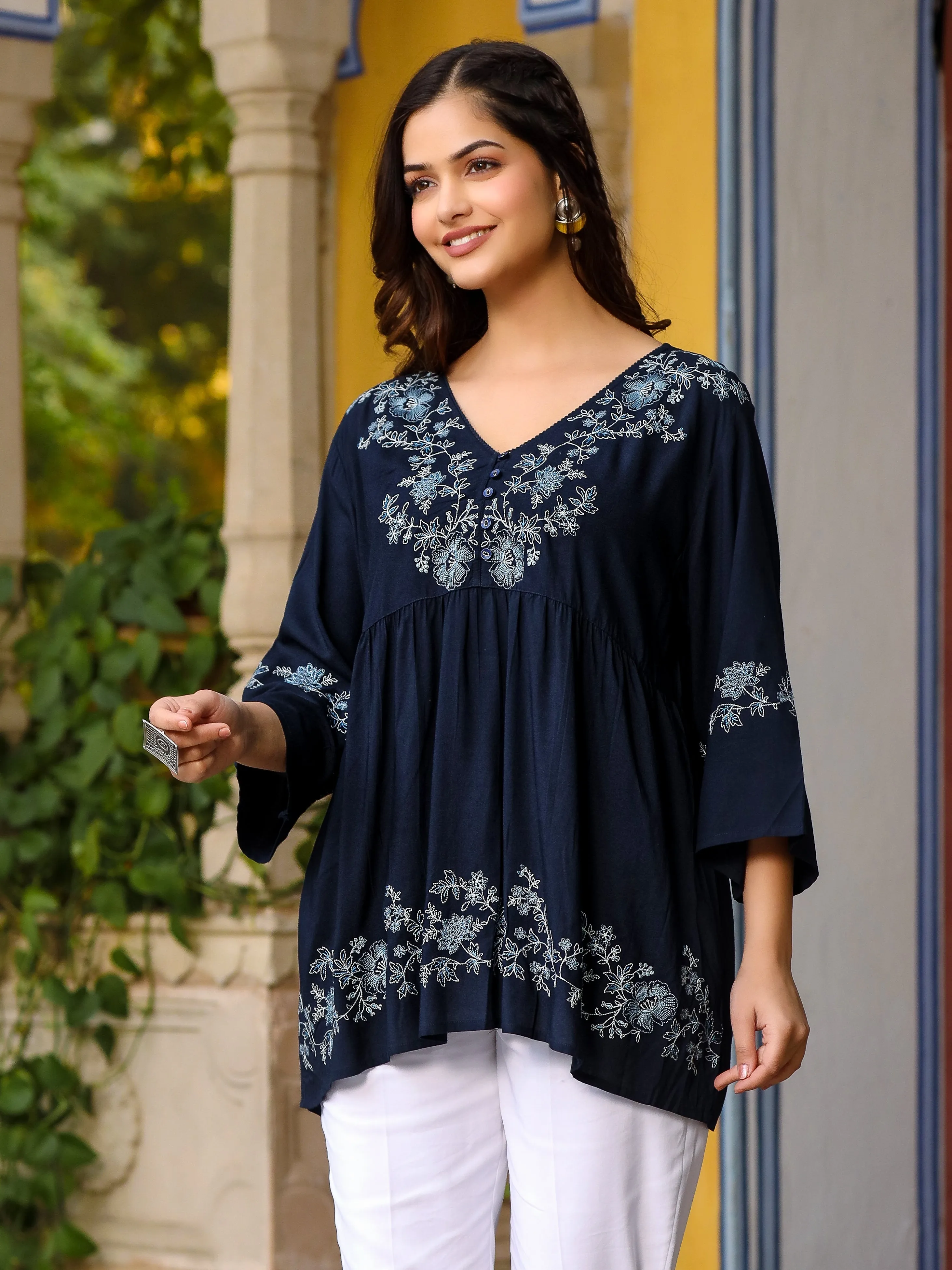 Jashvi Navy Blue Modal Rayon Alia-Cut Embroidered Tunic