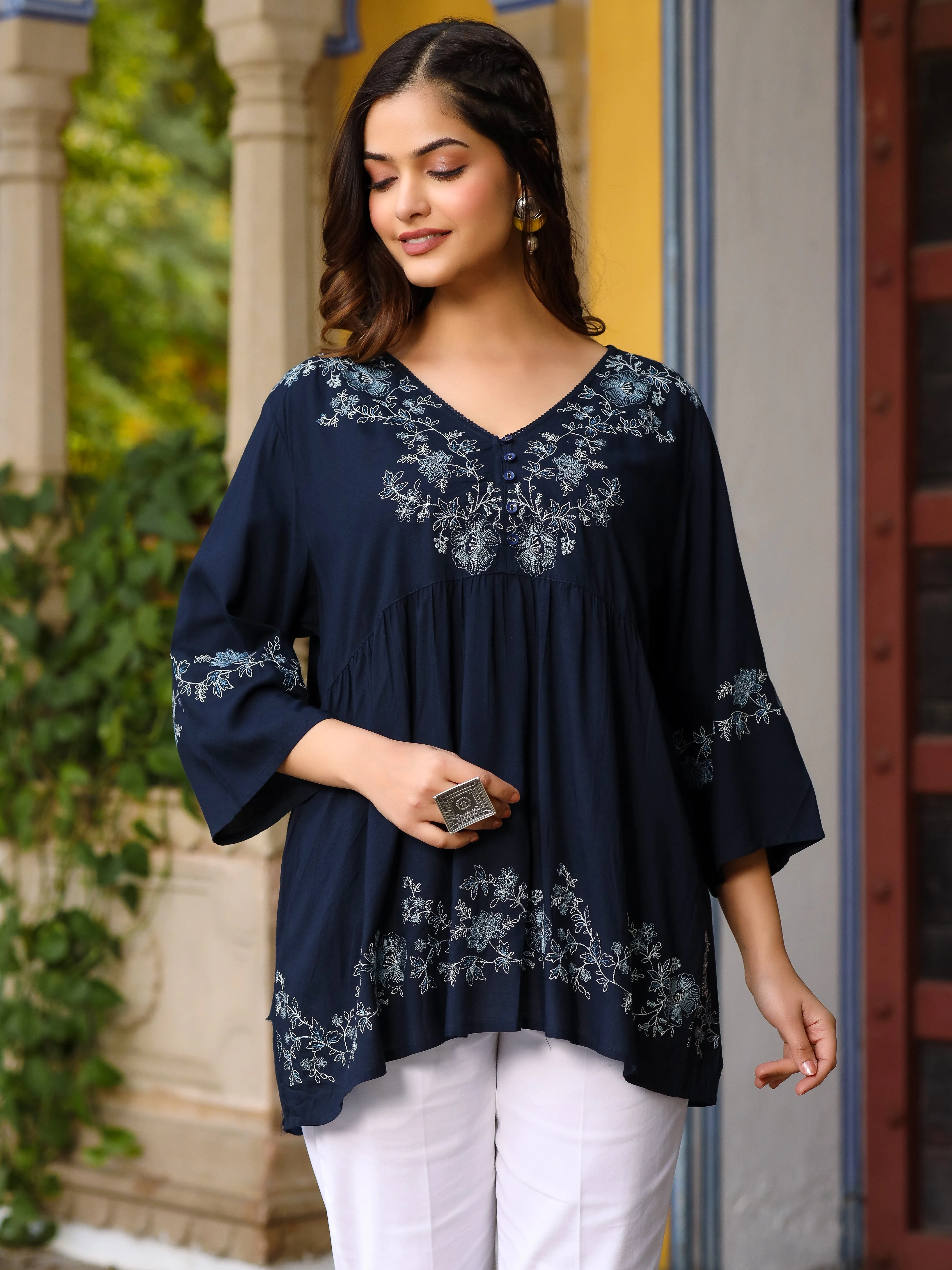 Jashvi Navy Blue Modal Rayon Alia-Cut Embroidered Tunic