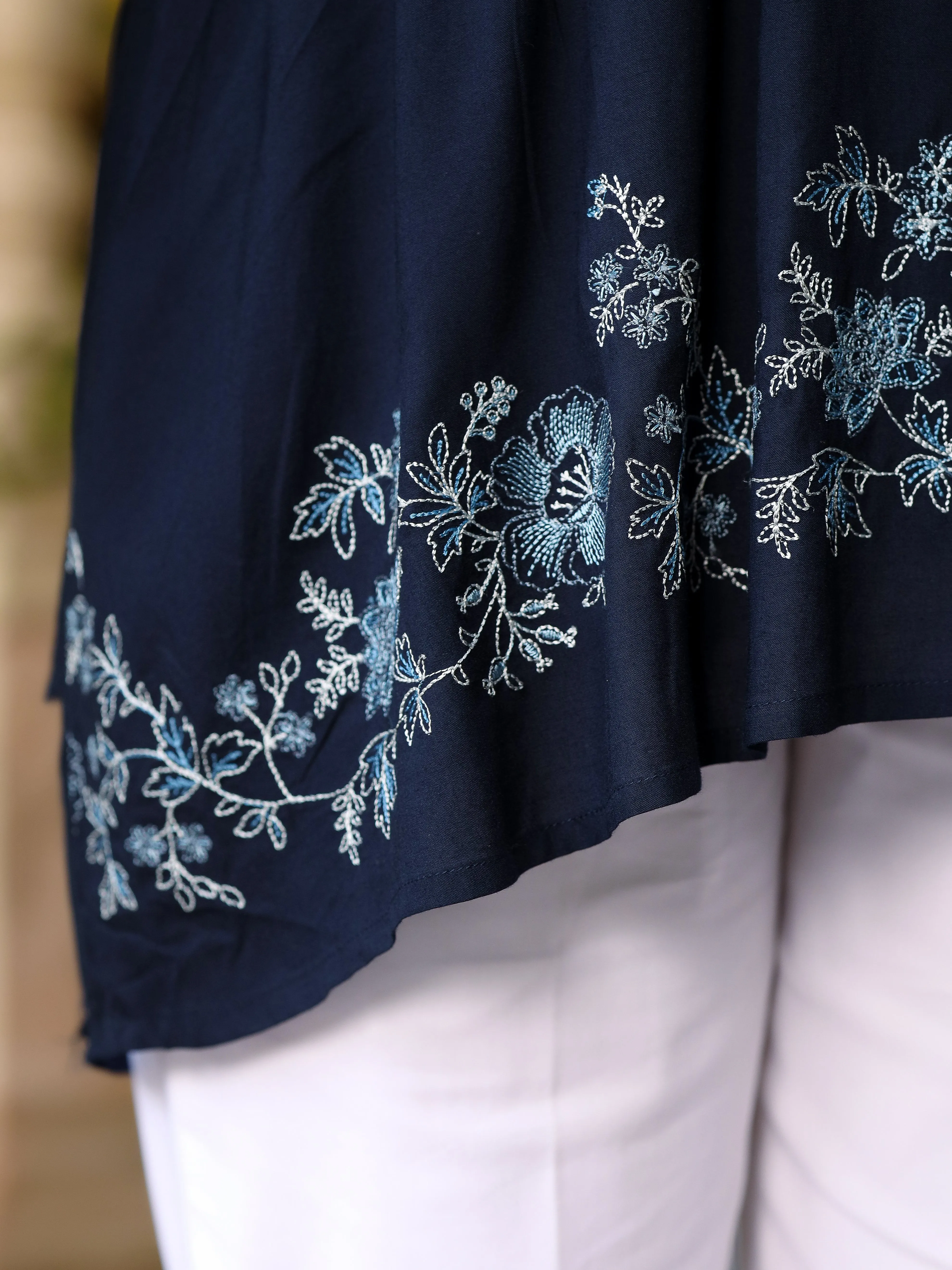 Jashvi Navy Blue Modal Rayon Alia-Cut Embroidered Tunic