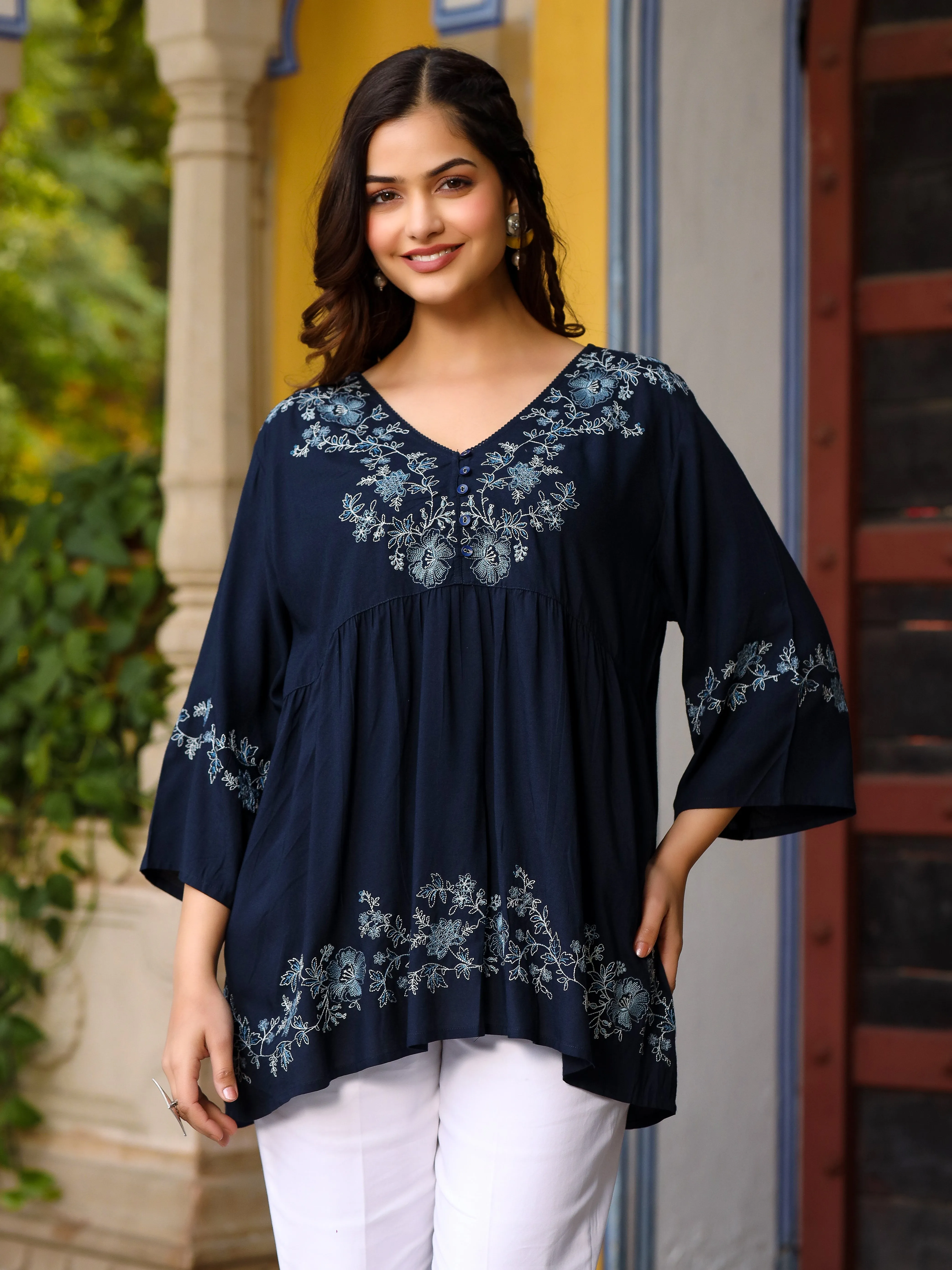 Jashvi Navy Blue Modal Rayon Alia-Cut Embroidered Tunic