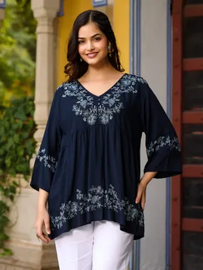 Jashvi Navy Blue Modal Rayon Alia-Cut Embroidered Tunic