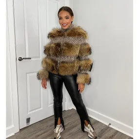 KEZIA Natural Real Fur & Knit Insert Jacket PREORDER