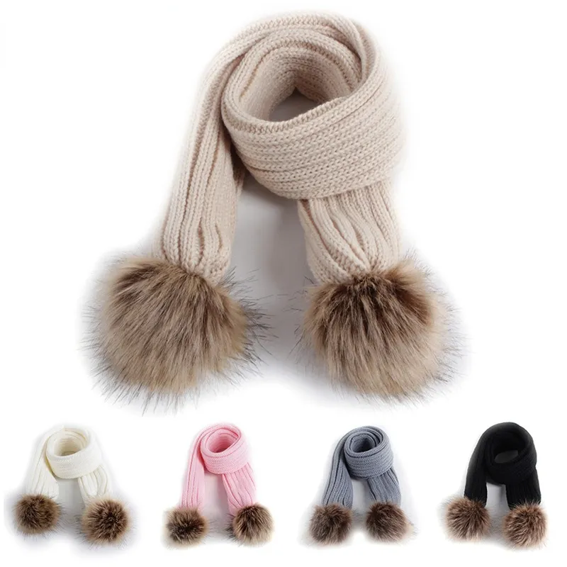 Kids Scarf Pompom Winter Warm Children Toddler Scarves Outdoor Solid Color Knitted Baby Girl Boy Scarf