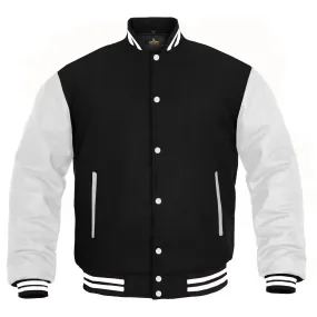 Kids Varsity Jacket Genuine Leather Sleeve and Wool Blend Letterman Boys College/School Varsity Jackets Black/White