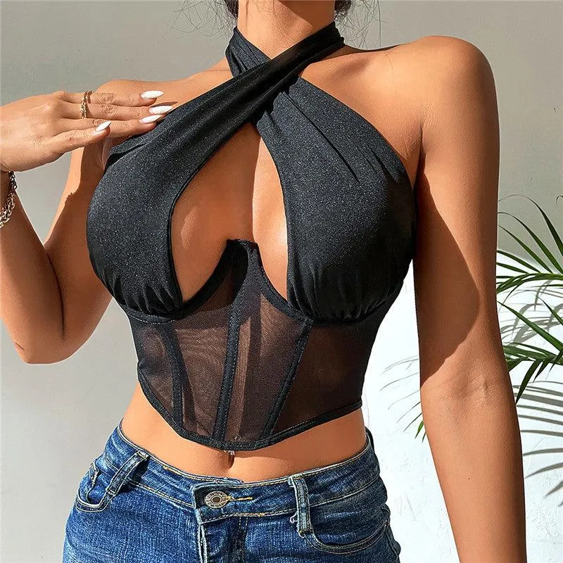 KittenAlarm - Carlin Halter Neck Lace Up Crop Tops