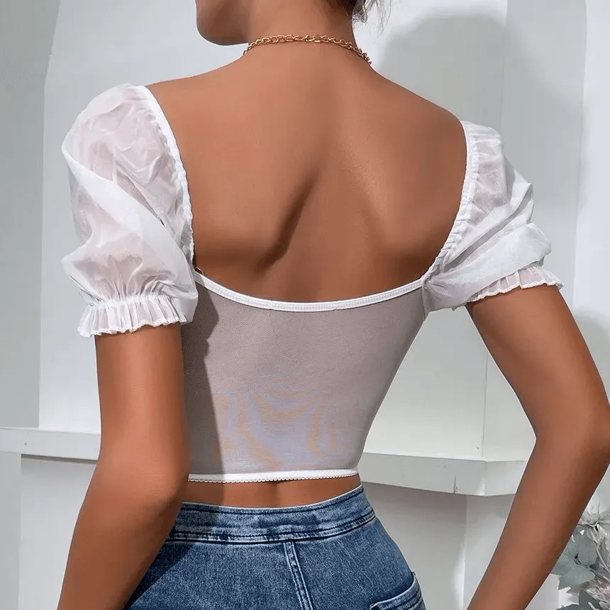 KittenAlarm - Ella Floral Embroidered Mesh Panel Crop Bustier Top